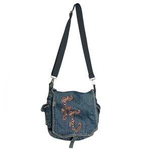 French Connection Vintage Y2K Denim Embroidered Studded Messenger Bag
